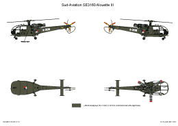 Schema 1: Sud-Aviation Alouette III. <br />Het afleverschema, geheel Donkergroen KLu 19 met witte registraties.