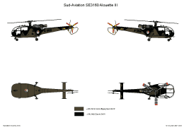 Schema 3: Sud-Aviation Alouette III.<br />Het derde schema, geheel RAL 6014 met zwarte registraties met een zwart vlekkenpatroon.